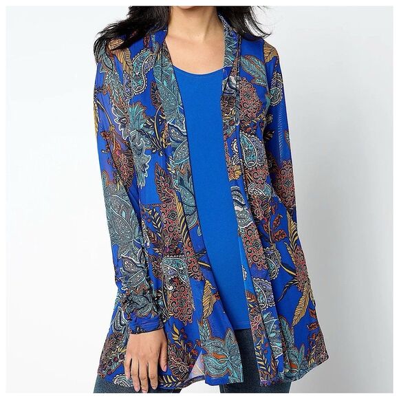 Susan Graver Sheer Mesh Cardigan Top Womens XLP Floral Print Ruched Sleeve - Picture 1 of 10